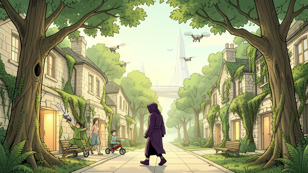 AI-generated image: A quiet morning footpath under tall trees. A figure in a privacy robe walks along the path, seen from the side.