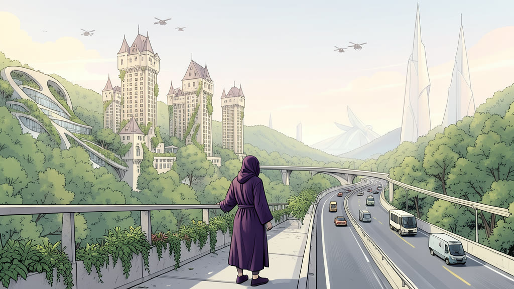 AI-generated image: The middle of a pedestrian sky bridge on a chilly, clear day. In the foreground a figure in a privacy robe stands at the railing, looking out.