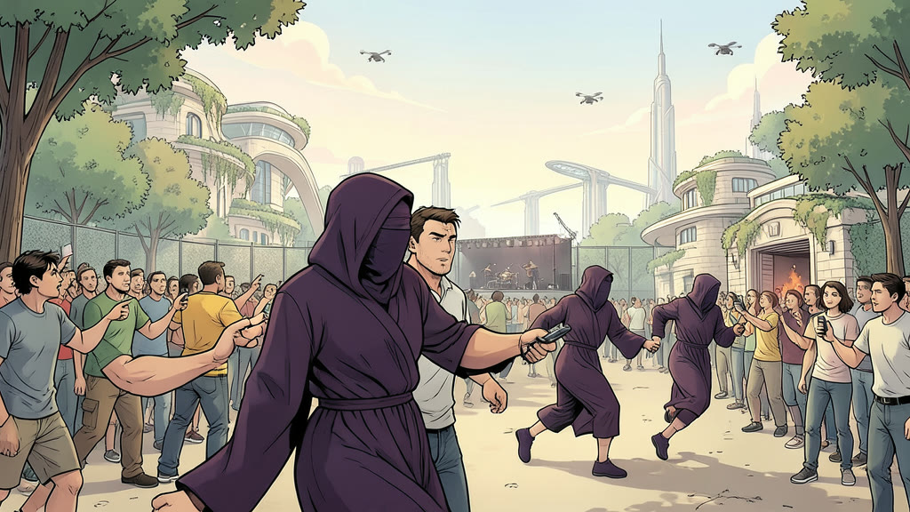AI-generated image: A crowded open-air concert field enclosed by a high soundproof wall behind tall trees, a metal band playing on a distant stage. In the foreground a figure in a dark purple privacy robe, hood up and face covered, snatches a hand device from the grip of a large burly man in a plain shirt, who is looking away to the side in confusion.