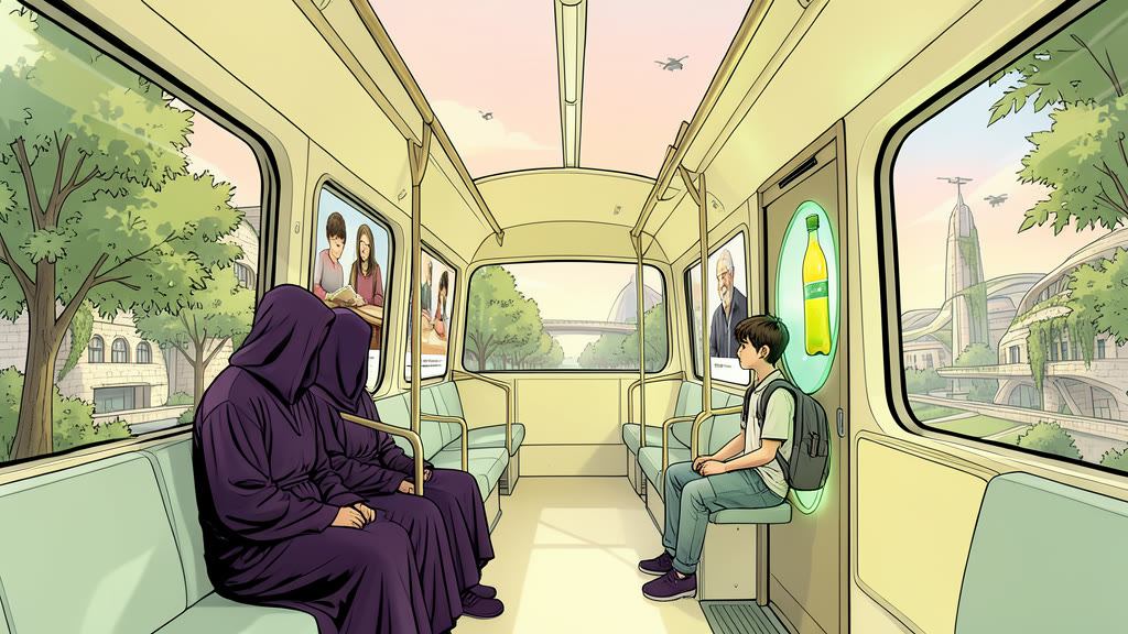 AI-generated image: Interior of a nearly empty, clean autonomous city bus, seen from the middle of the aisle. On the left sit two figures in privacy robes, faces hidden, impossible to tell apart.