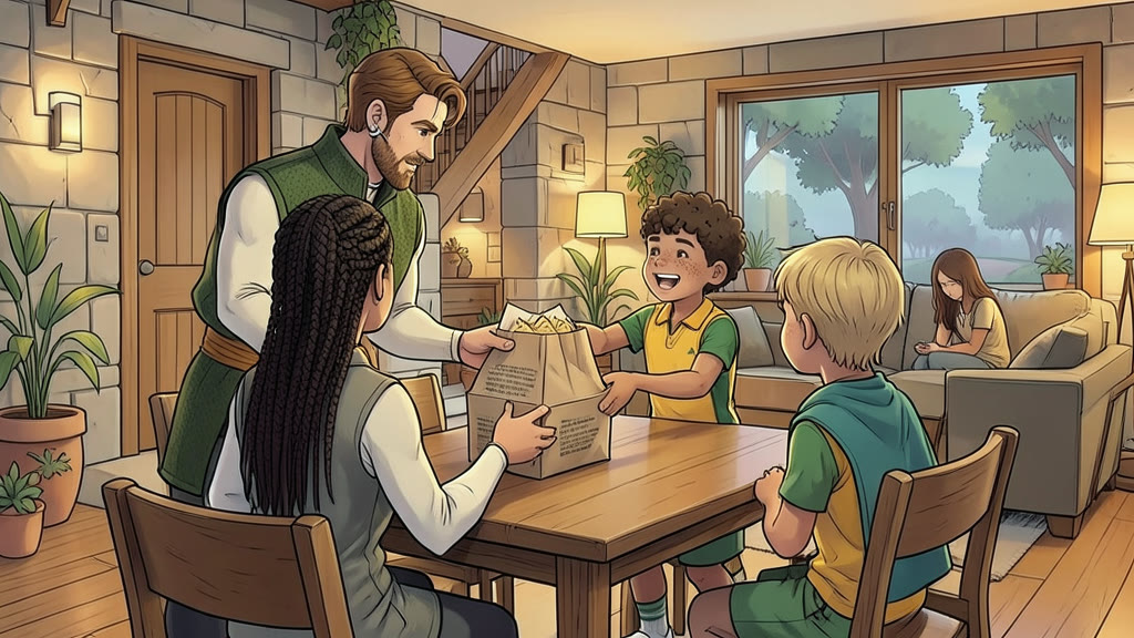 AI-generated image: A cozy family dining room, warm lamp light. A man sets a paper bag full of plain unmarked takeout food boxes on the wooden table and hands a box to a boy, who reaches for it eagerly with a big grin.