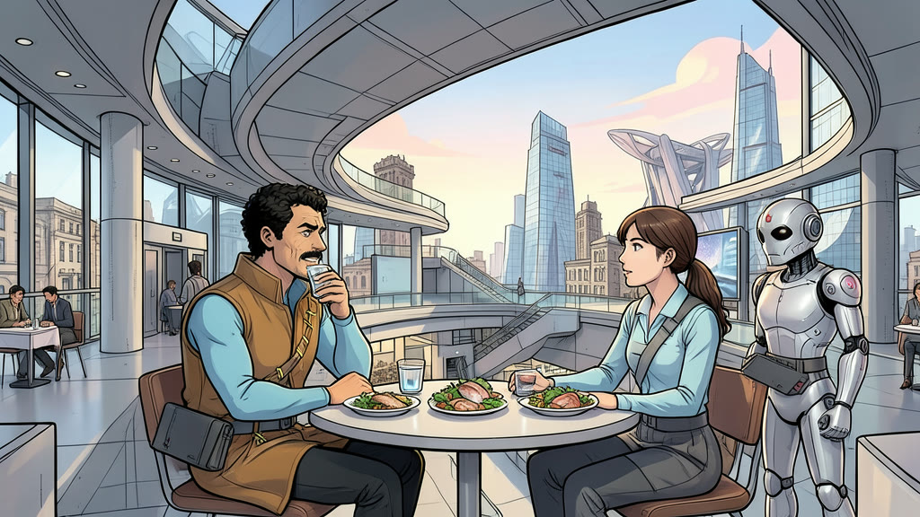 AI-generated image: A busy, modern restaurant inside a research institute, tall glass windows looking out on a mix of old and new city towers. Most tables are full.