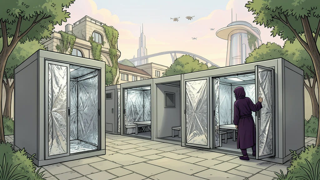 AI-generated image: A quiet stone courtyard surrounded by trees, with a row of heavy, boxy soundproof booths along one side, each with a thick sliding door. A figure in a privacy robe strains to slide open the rightmost booth's door, revealing its thick cross-section: a layer of crinkled silver foil on the inside, followed by layers of dense padding.