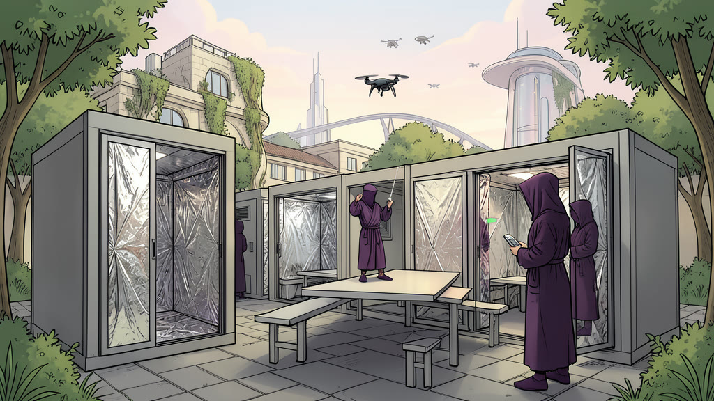 AI-generated image: A small, windowless soundproof booth with a long table and benches. A figure in a privacy robe stands at the far end of the table, triumphantly holding up a tiny needle-like device with a small bulb at its tip between two fingers.