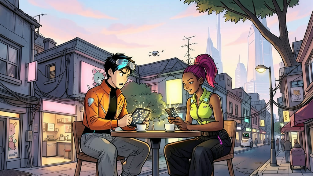 AI-generated image: An outdoor courtyard table in a dense low-rise neighborhood, glowing shop fronts and playful cartoon animal murals behind. A boy and a girl sit side by side, each staring at a hand device whose screen shows a glowing grid of tiny abstract shapes bursting apart.