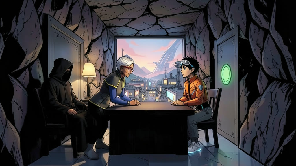 AI-generated image: A long, narrow stone room deep inside a mountain, lit by dim warm lamps. At a large table, a woman leans forward across the table with an intense, serious look.