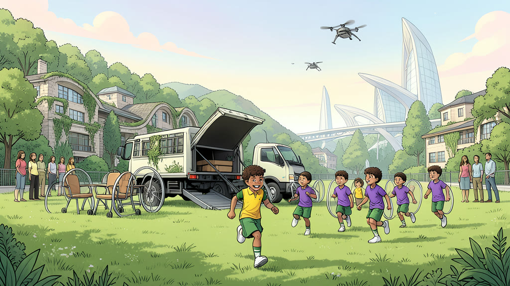 AI-generated image: A large grass school field on a bright spring day, wooded hills and stone buildings in the distance, families standing at the edge. A truck in the middle of the field has its back door lowered into a ramp, and simple personal copters roll out on their own: chairs with rotor blades on top, surrounded by round cage-like shielding.