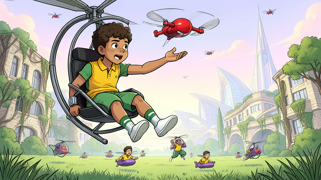 AI-generated image: Dynamic medium shot high in a clear spring sky above a grass field. A boy, in a yellow shirt, sits strapped into a personal copter, a small chair with spinning rotors on top inside a round protective cage.