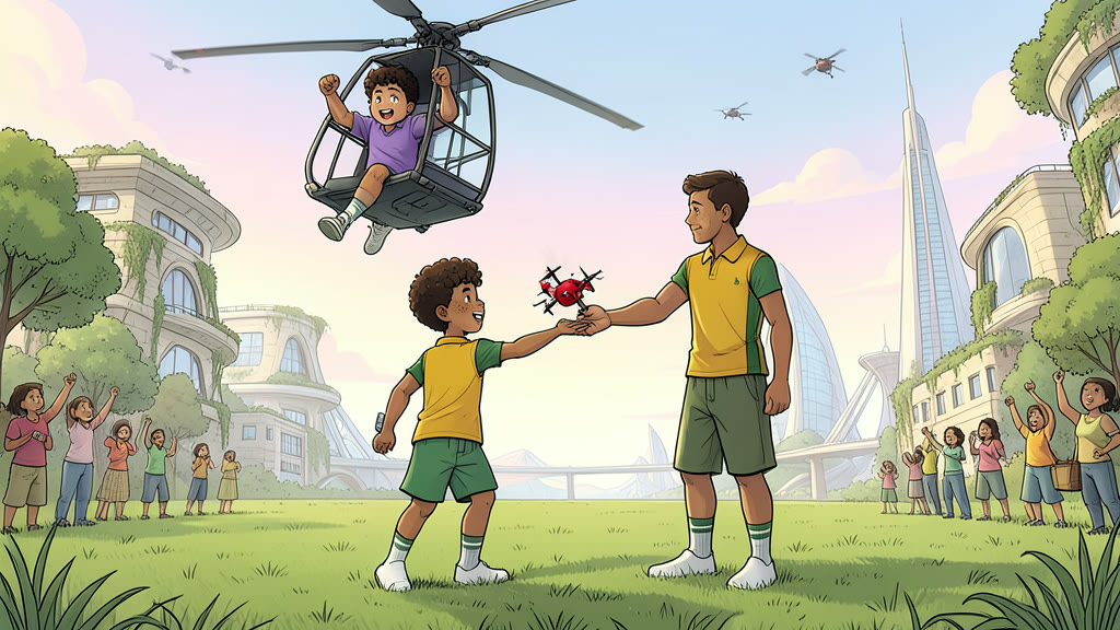 AI-generated image: The grass field from ground level on a bright spring afternoon. A boy, in a yellow shirt, has climbed out of his copter and stands beside the instructor, a grown man, opening his hand to give him a small red ball drone with broken rotors.