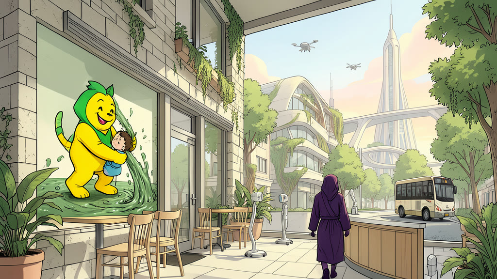 AI-generated image: A calm, tree-lined street in the late afternoon. A figure in a privacy robe walks past the stone outer wall of a small neighborhood restaurant.