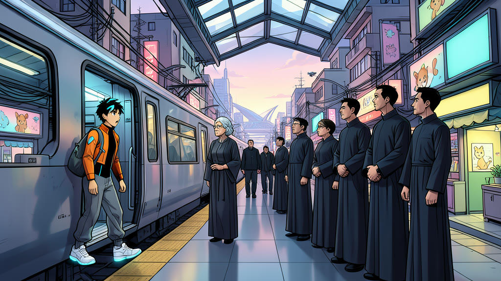 AI-generated image: A train station platform in a dense city, a sleek train behind. A boy, a bag over his shoulder, steps out of the train door and stops in surprise.