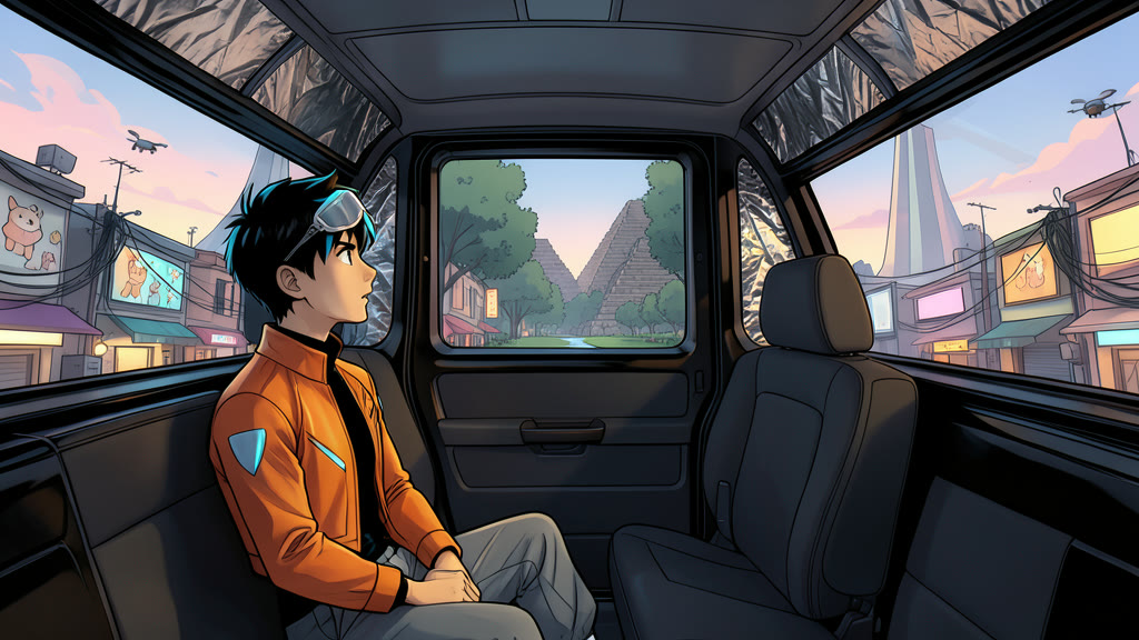 AI-generated image: Inside a sealed black car through its slightly dimmed side window. A boy sits in profile in the foreground, gazing out with wonder.
