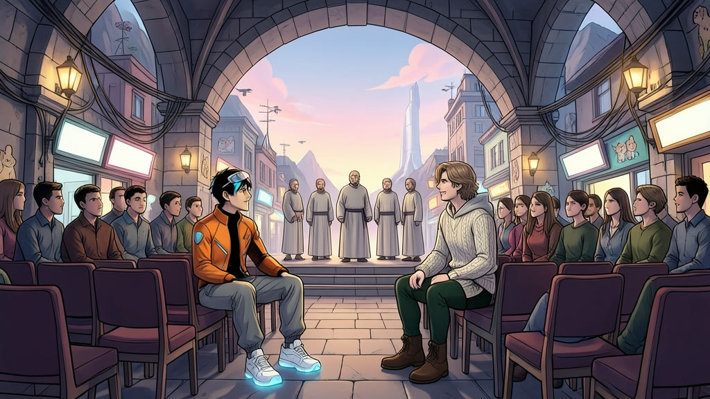 AI-generated image: A grand hall carved into a mountain, with arched stone-brick walls and rows of about fifty chairs facing a small stage where several priests in ceremonial robes stand. Teenage contestants are taking their seats.
