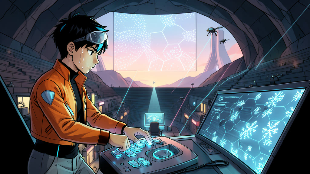 AI-generated image: A boy at a large glowing console in a dark arena, sweat on his brow, his fingers hammering a row of buttons in rapid sequence, tired but intensely focused. Before him the display shows a vast hexagonal grid like a field of snowflakes, with small glowing clusters of cells drifting across it.