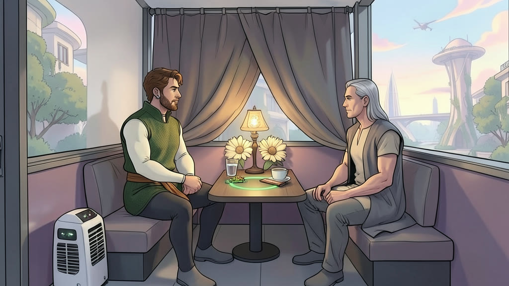 AI-generated image: A small booth closed off by a cloth curtain: a wooden table with a decorated lamp and two flowers at the far end, and a boxy air filter pressed into a corner on the floor. A man sits across from a man, both unhooded, talking quietly.