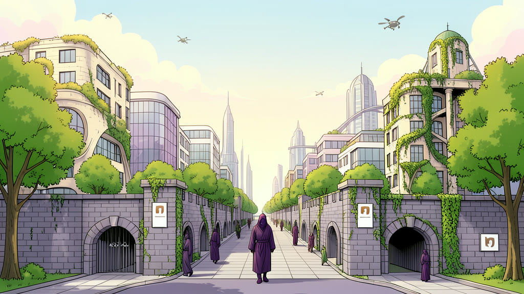 AI-generated image: A figure in a privacy robe emerging from a tunnel exit onto a raised pathway above ground level. Behind it stand tall entrance doors set into a massive, castle-like old stone wall, with a turnstile just inside.