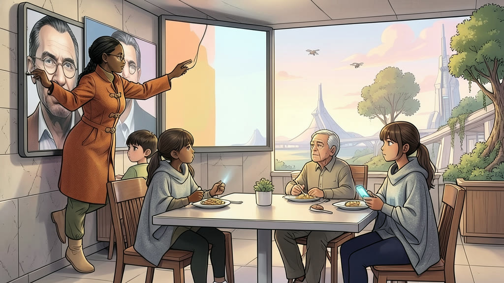 AI-generated image: A family table in a restaurant in the evening. A woman has jumped up from her chair and reaches behind a large wall screen, hunting for the plug to switch it off.
