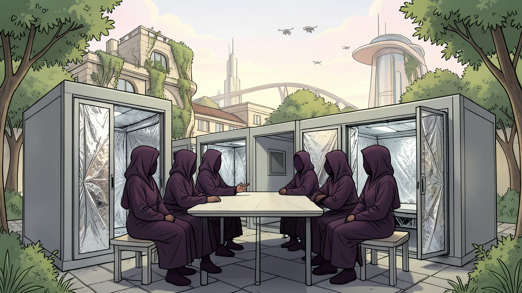 AI-generated image: A windowless soundproof booth with foil-lined walls and a long table between two benches. Seven figures in privacy robes sit facing each other, nearly impossible to tell apart.
