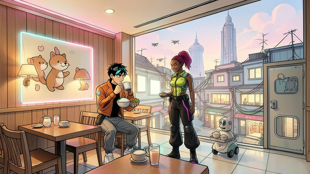 AI-generated image: A cozy hotel lobby restaurant in the morning, warm wood, soft lamps and a playful cartoon animal mural on the wall. A small serving robot has just arrived at a table carrying a bowl of rice and vegetables and a cup of tea.