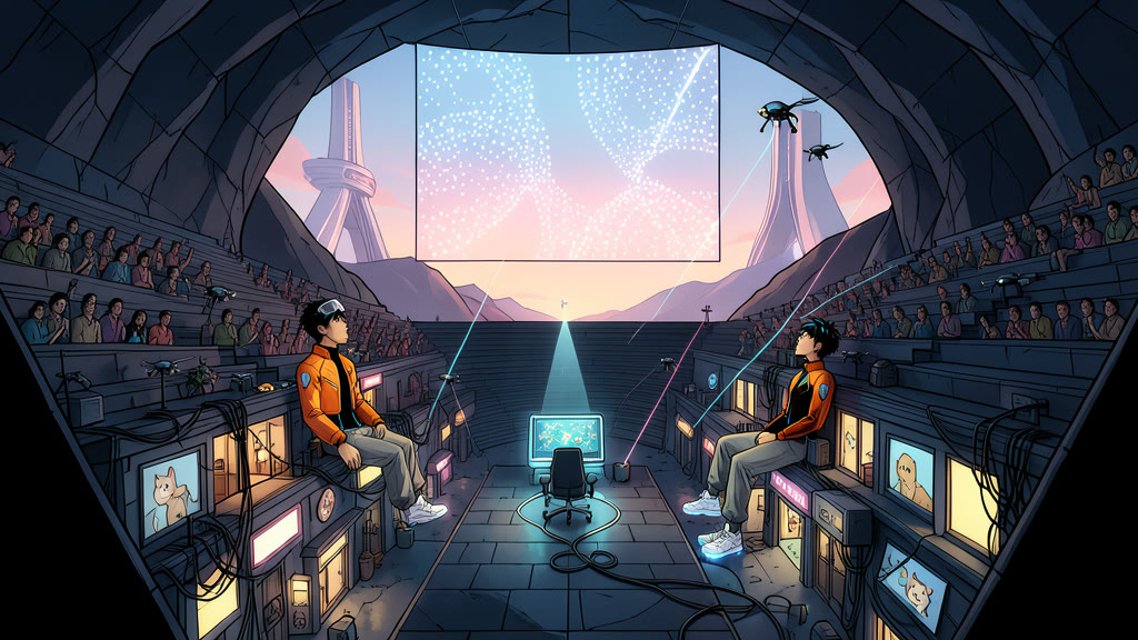 AI-generated image: An enormous dark arena inside a mountain pyramid, thousands of spectators in tiers fading into shadow, beams of light crossing the air. On the vast floor, two large glowing consoles face each other from far apart.