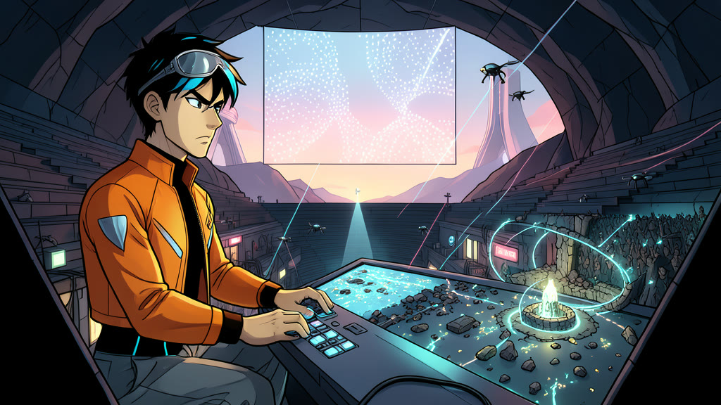 AI-generated image: Close three-quarter view of a boy at a glowing console in a dark arena, his face tense and stubborn, jaw set, hands busy on the controls. On the large display before him, a board crowded with chaotic scattered debris and streams of tiny glowing shapes; near one edge a single small bright structure sits inside four rings of crumbling walls, holding out against the storm.