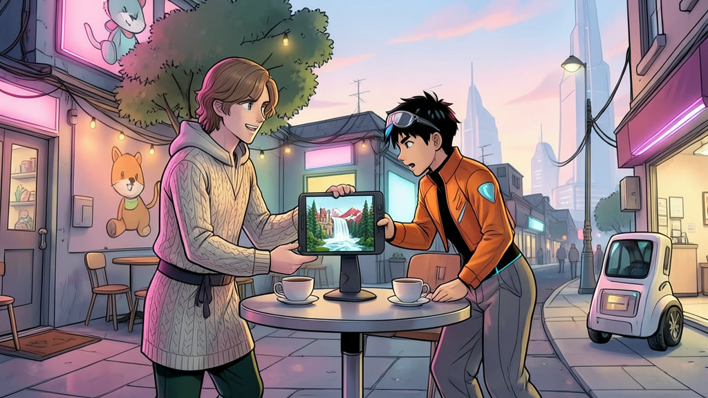 AI-generated image: A small courtyard cafe table in the evening, neon pink and cyan shop lights glowing nearby, two cups of tea on the table. The older a teenage boy holds out his hand device, smiling proudly, and a boy leans in, amazed.