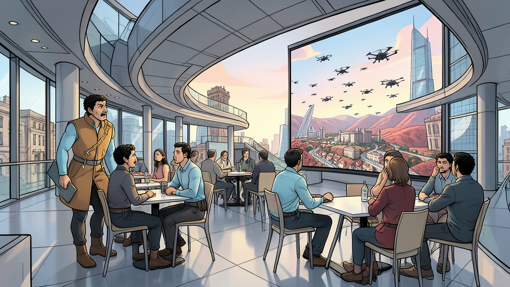 AI-generated image: A modern institute restaurant in the early morning, cool light through tall windows onto glass and concrete. A man stops just inside the entrance, frozen in horror, staring at a large wall screen.