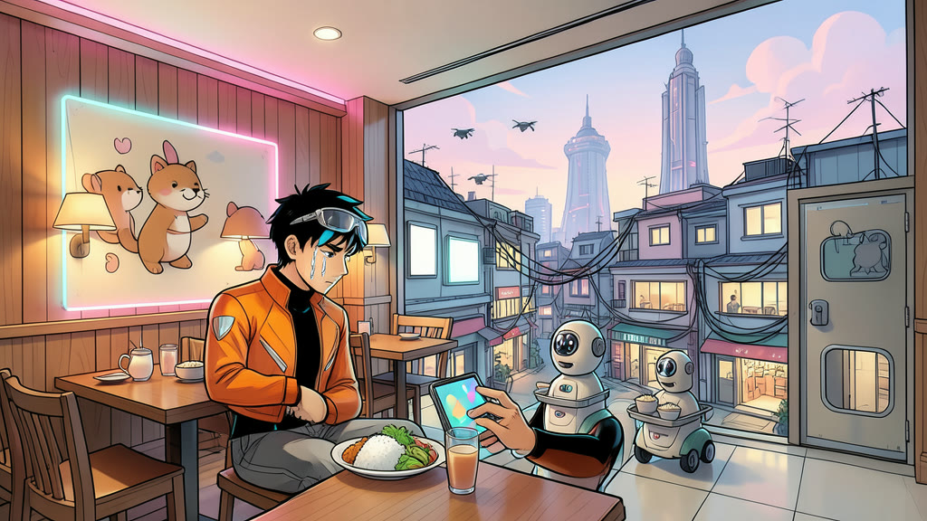 AI-generated image: A nearly empty hotel lobby restaurant. A boy sits alone at a table, tears on his cheeks, anxiously tapping at a hand device whose screen shows soft abstract colored shapes.