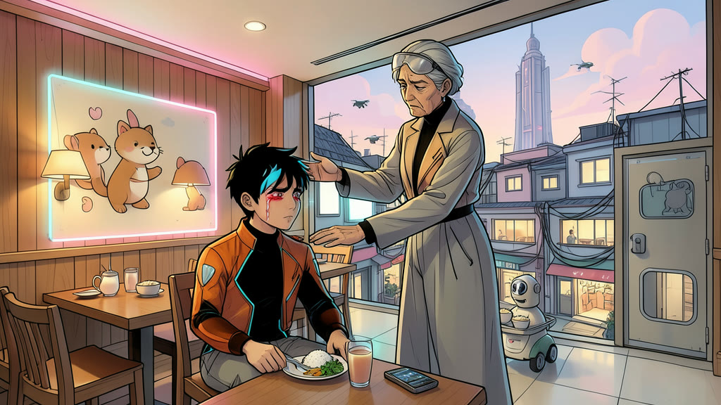 AI-generated image: Medium close shot in a hotel lobby restaurant, now empty. A boy, eyes red from crying, turns around in his chair as an older woman in long ceremonial priest robes gently places her hands on his shoulder, her face full of sympathy.
