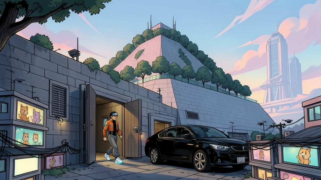 AI-generated image: Dusk at the base of a huge tree-covered mountain pyramid, far from the city lights. A row of doors is set into its stone side near ground level.