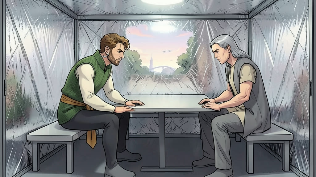 AI-generated image: A small, windowless soundproof booth with foil-lined walls, a narrow table and two benches. A man sits on one bench, leaning forward angrily, hands pressed flat on the table, glaring.