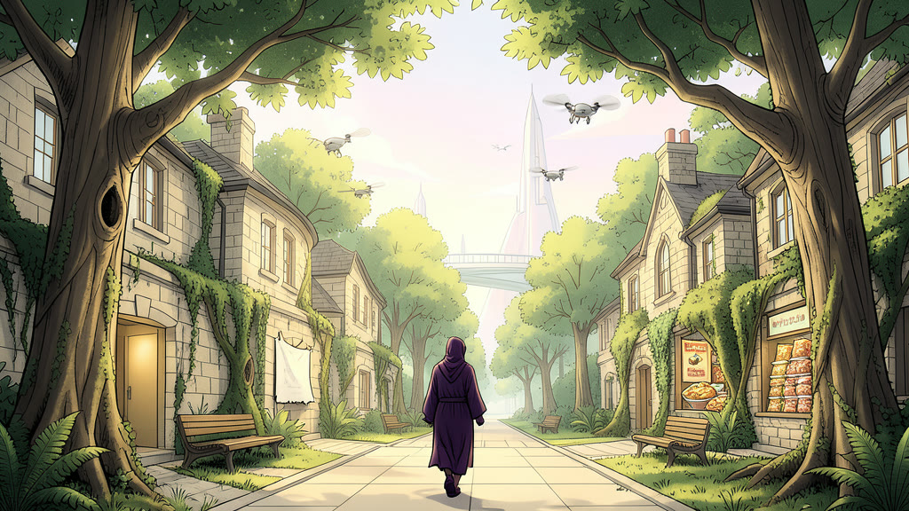 AI-generated image: A footpath through a wooded neighborhood on an unusually hot day, tall trees overhead and stone houses on both sides, harsh sunlight breaking through the leaves. A figure in a privacy robe walks slowly in the heat.
