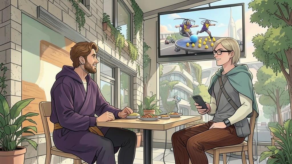 AI-generated image: A neighborhood restaurant at midday. A man, in a loose dark purple robe with the hood down, the face cover off and the front partly unzipped, sits beside a young man; both watch a wall screen with delight.
