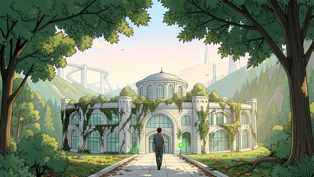 AI-generated image: A calm morning. A man in plain clothes, seen from behind, walks along a straight footpath lined on both sides by tall leafy trees whose branches meet overhead.