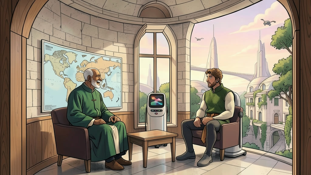 AI-generated image: Medium-wide interior of a small, warm side office with wood paneling, a stone wall, a low table and two chairs, and a tall window onto green trees. A man, in a long formal parliament robe, sits laughing warmly.