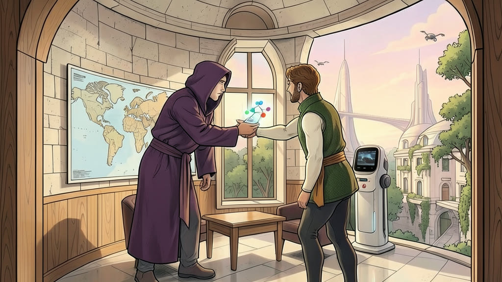 AI-generated image: A wood-paneled office with a tall window onto green trees. A friendly middle-aged visitor wearing a loose dark purple robe with its hood pushed back and his face uncovered holds out a hand device toward a man, who leans forward with curious attention.