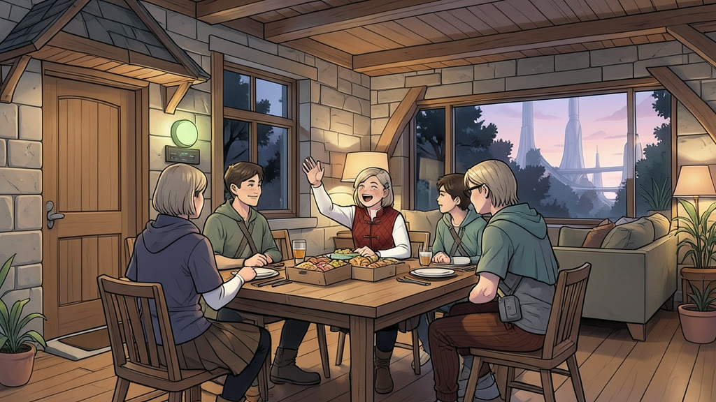 AI-generated image: Warm evening interior of a cozy stone family home with wooden beams and a big window onto dark trees. A family sits around a dinner table with open food boxes and plates.