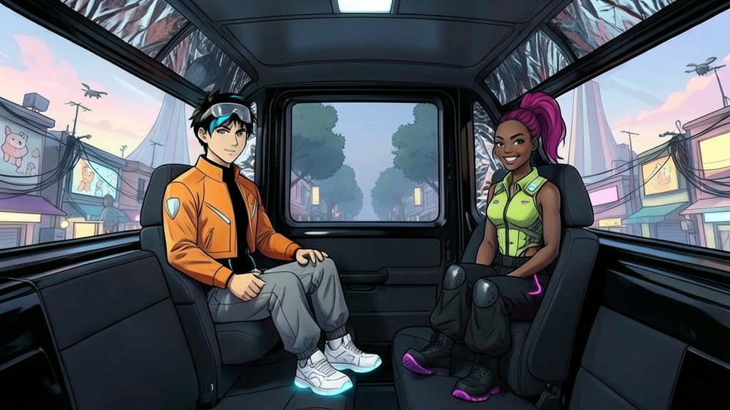 AI-generated image: Interior of a sealed black car with plush seats facing each other, softly lit. A young man sits on a backward-facing seat, and a young woman sits opposite him on a forward-facing seat; both smile in welcome as a traveler with a bag, seen from behind, ducks in through the open door straight from a bright terminal passage.