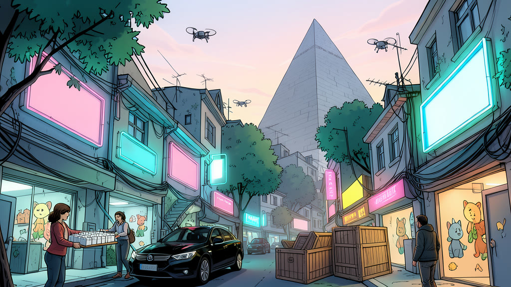 AI-generated image: Medium-wide street scene in a dense low-rise city by day. A sleek black car has stopped at the curb.