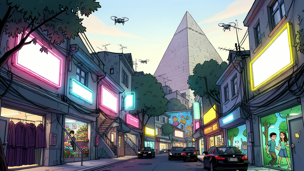 AI-generated image: Eye-level view along a tree-lined shopping street of one- and two-storey buildings, with hand-made neon light frames in pink, cyan and yellow around the windows. In the foreground, a clothing shop window: a few jackets hang on one side, while racks of dark purple hooded robes crowd the other half.