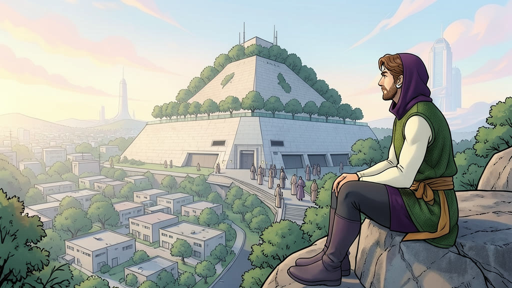 AI-generated image: Wide high view from the tree-lined slope of a huge mountain carved into a stepped pyramid. In the foreground, a man sits on a large rock, seen in profile, resting and gazing out.