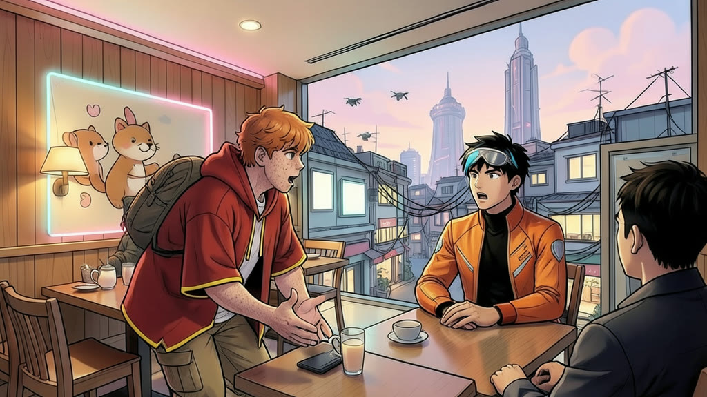 AI-generated image: A table in a modest hotel lobby restaurant with warm lamps and a glowing neon accent strip along the wall. A young man leans forward over the table, eyes bright, gesturing passionately with both hands as he speaks.
