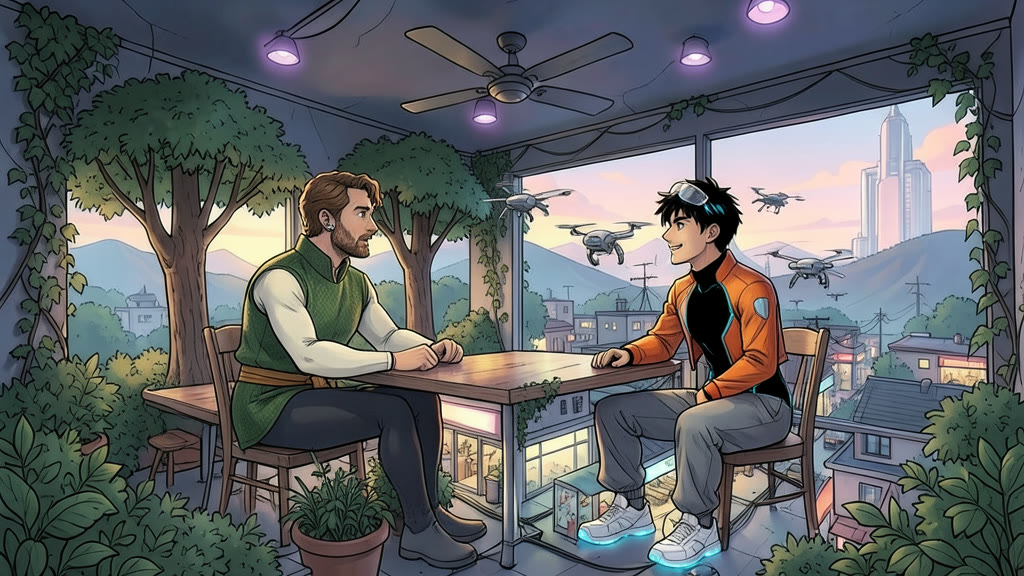 AI-generated image: An underground cafeteria deep inside a mountain, where two large wall screens pose as windows showing a sunlit view over low city roofs and trees. A man sits at a table, glancing sideways in mild alarm at a small palm-sized security drone hovering half a meter from his right ear.