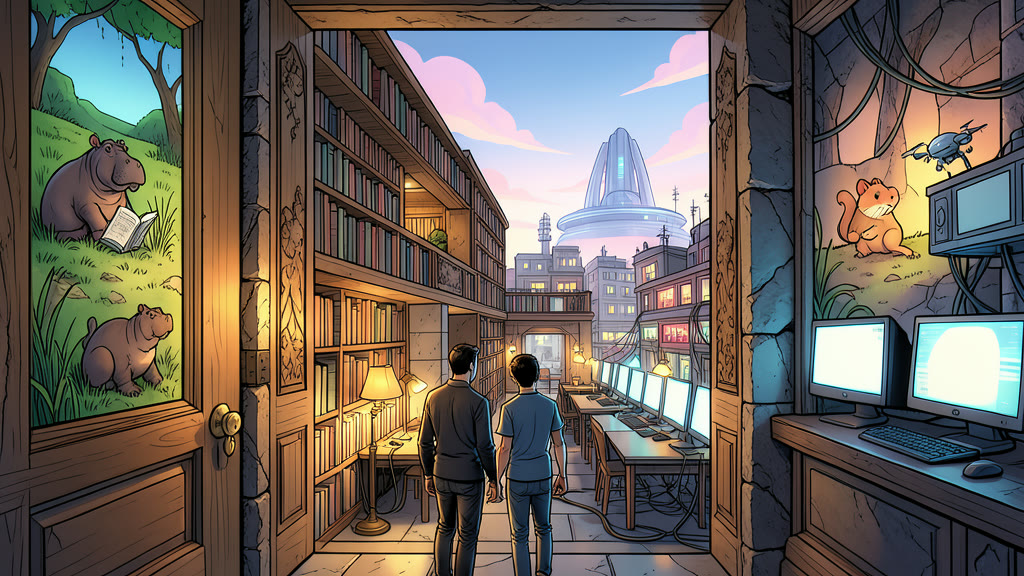 AI-generated image: Down a carved stone tunnel to a large ornamented wooden door. To the left of the door, a painted mural of a hippopotamus reading a book in a marsh with green trees and a blue sky; to the right, a painted mural of a hamster sitting at a computer.