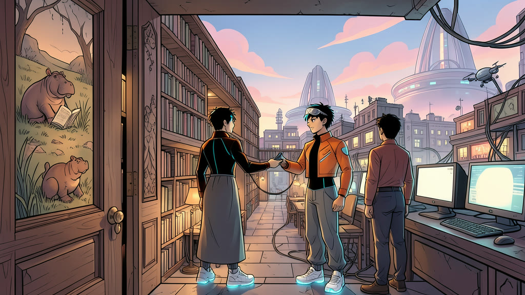AI-generated image: Medium-wide interior of a grand underground library. On one side, a towering two-level wall of paper books, with a walkway along the upper level and narrow book-lined openings leading into a maze.