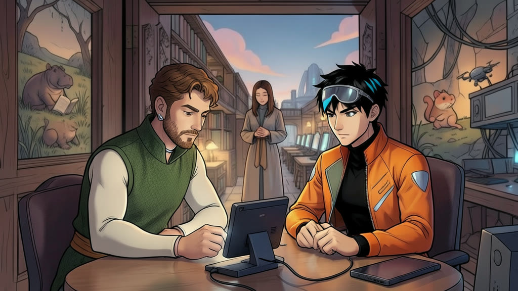 AI-generated image: Medium close shot at a library table. A man and a young man sit side by side sipping tea, both staring intently at a hand device propped on the table, its screen turned away from the viewer and casting a soft glow on their faces.