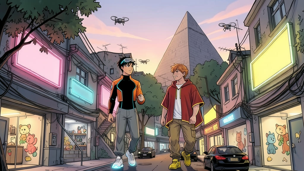 AI-generated image: Wide street scene in a dense low-rise city on a warm day. A teenage boy and a teenage boy walk side by side along a sidewalk shaded by trees, chatting.