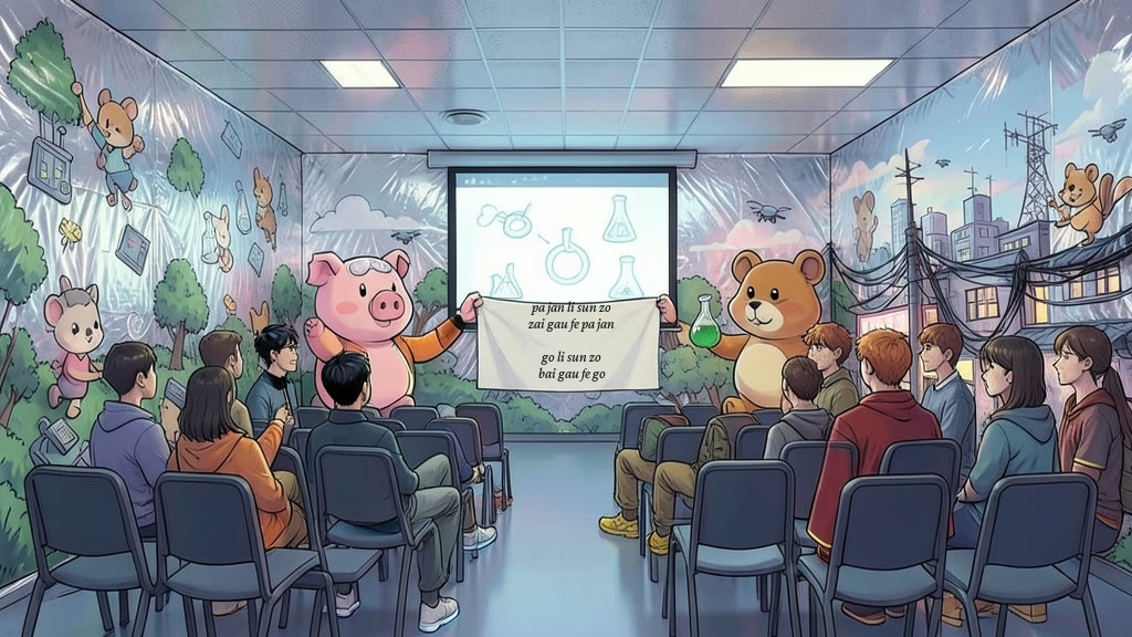 AI-generated image: An underground classroom with rows of chairs full of teenage students. The walls are covered with a thick, hastily applied layer of crinkled silver foil, painted over with cute cartoon animals playing with gadgets and chemistry glassware against green trees and blue sky. Lettering: “pa jan li sun zo, zai gau fe pa jan, go li sun zo, bai gau fe go” (“One man learning will set one man free. A nation learning will make the nation great.”).