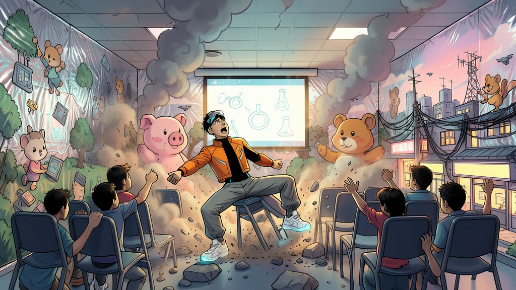 AI-generated image: An underground classroom at the instant of an explosion in a neighboring room. Part of a foil-covered wall and the floor crumble inward in a burst of dust and stone fragments; chairs tip over and students duck and throw up their arms.