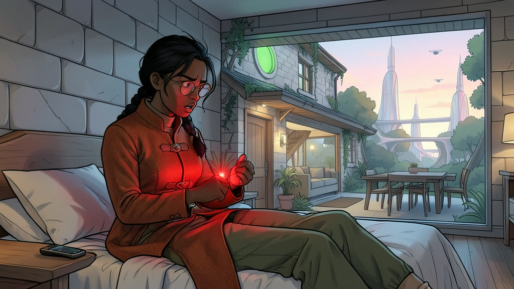 AI-generated image: Medium close shot in a quiet bedroom at early dawn, cool grey-blue light coming through a window onto trees. A woman sits bolt upright in bed, hair tousled, staring in alarm at her wrist, where her watch flashes bright red, throwing red light on her face and the blanket.